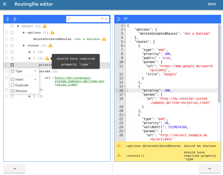 routing routing file editor validation